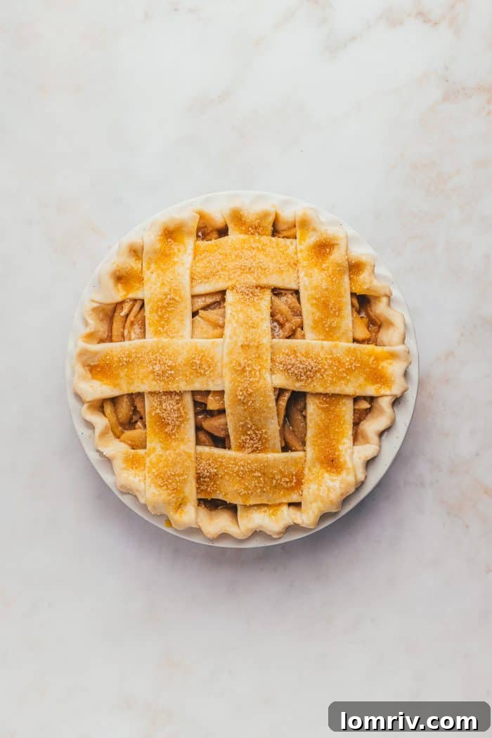 An unbaked apple pie, now brushed with an egg wash and generously sprinkled with turbinado sugar, anticipating its delicious bake.