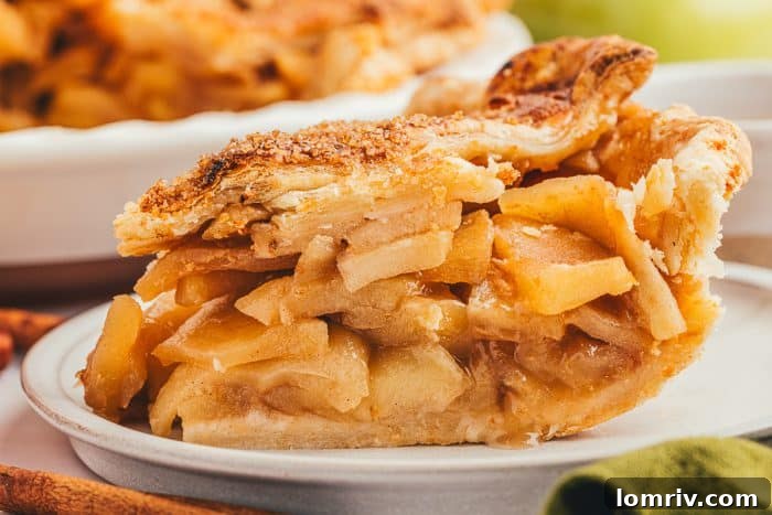 A beautifully presented slice of golden-brown apple pie rests on a clean white plate, ready to be enjoyed.