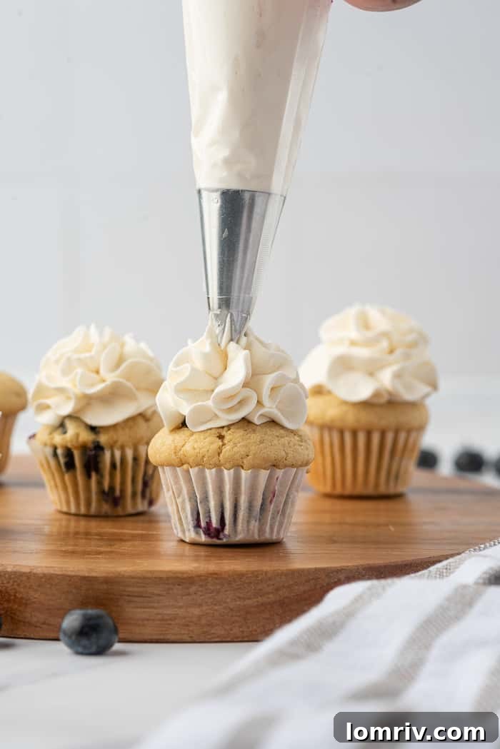 Finished Mini Coconut Cupcakes with Blueberries and coconut chips