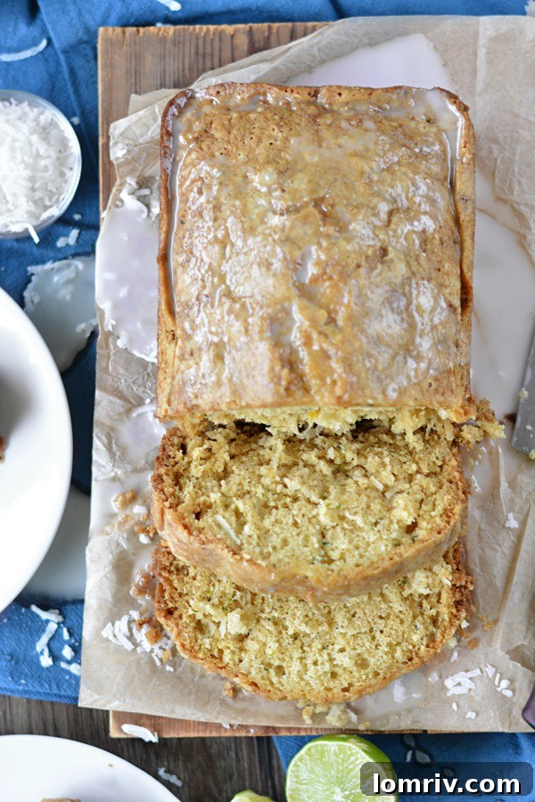 Close-up of Coconut Lime Zucchini Bread with lime glaze