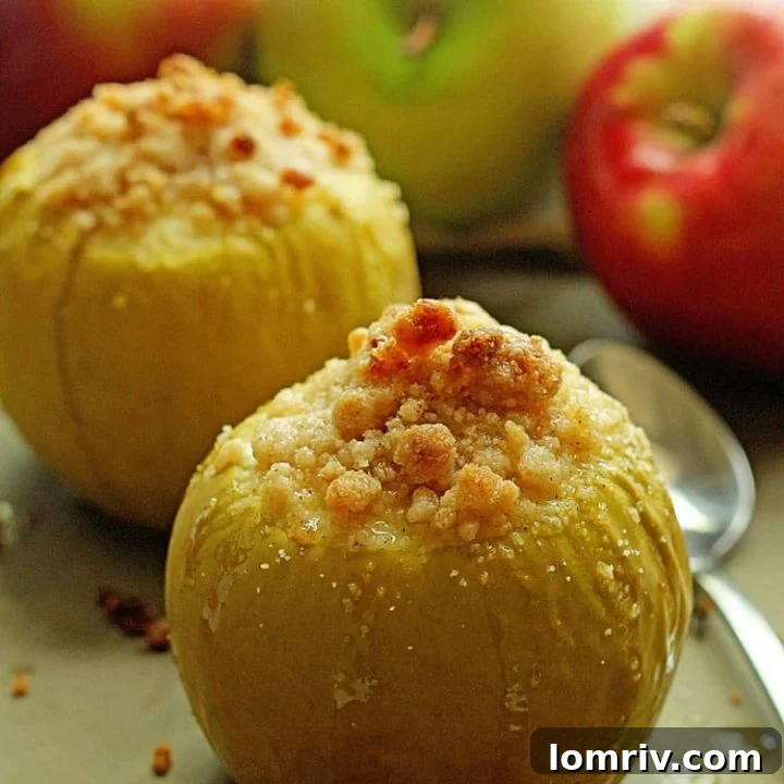 Delicious Baked Crumble Apples, presented beautifully and ready to be served.