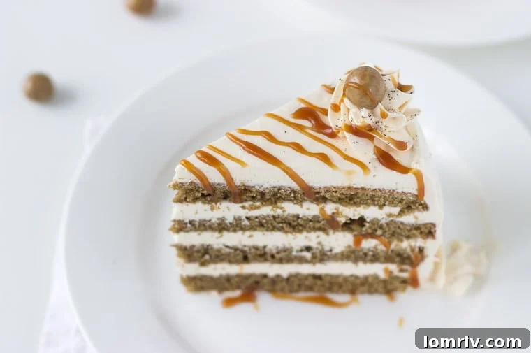 Close-up of a slice of Caramel Macchiato Cake showing layers