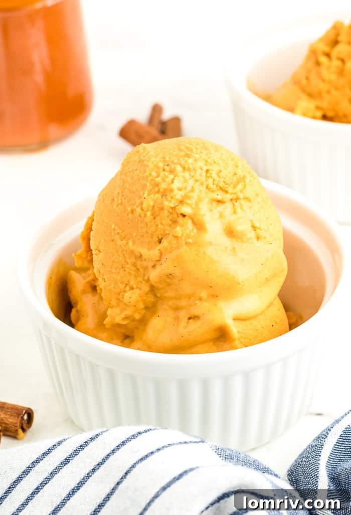 A close-up view of the incredibly creamy texture of Pumpkin Spice Cheesecake Ice Cream, glistening and ready to be enjoyed with a spoon.