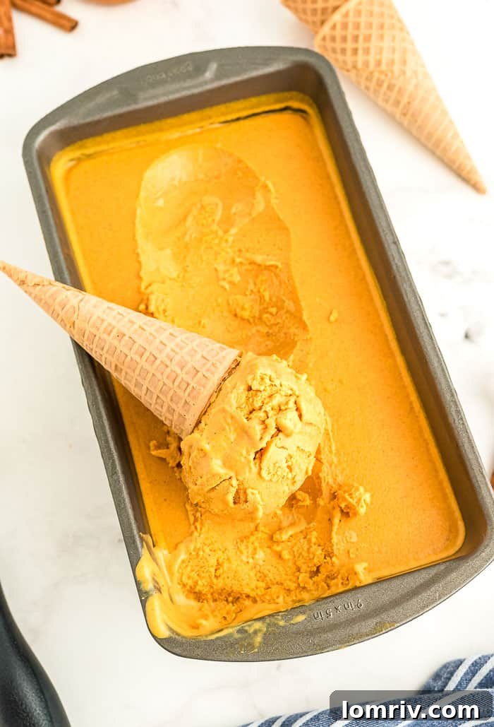 A close-up shot of the perfectly smooth and creamy texture of Pumpkin Spice Cheesecake Ice Cream, showcasing its luscious quality.