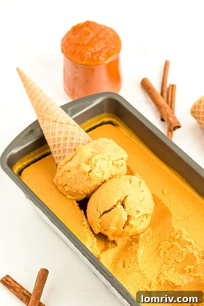 A charming bowl of Pumpkin Spice Cheesecake Ice Cream, beautifully set against a backdrop of autumnal leaves, capturing the essence of fall.