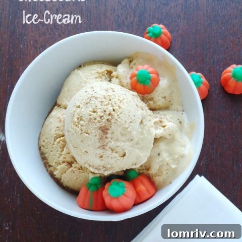 Beautifully scooped homemade Pumpkin Spice Cheesecake Ice Cream, garnished and ready to be enjoyed as a perfect fall treat.