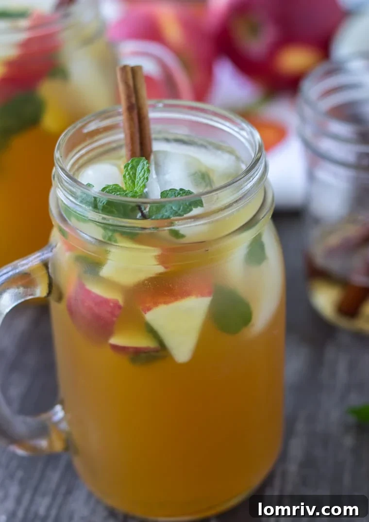 Three glasses of Apple Cider Mojito ready for serving, garnished with cinnamon sticks, apple slices, and mint leaves, presented on a rustic wooden tray.
