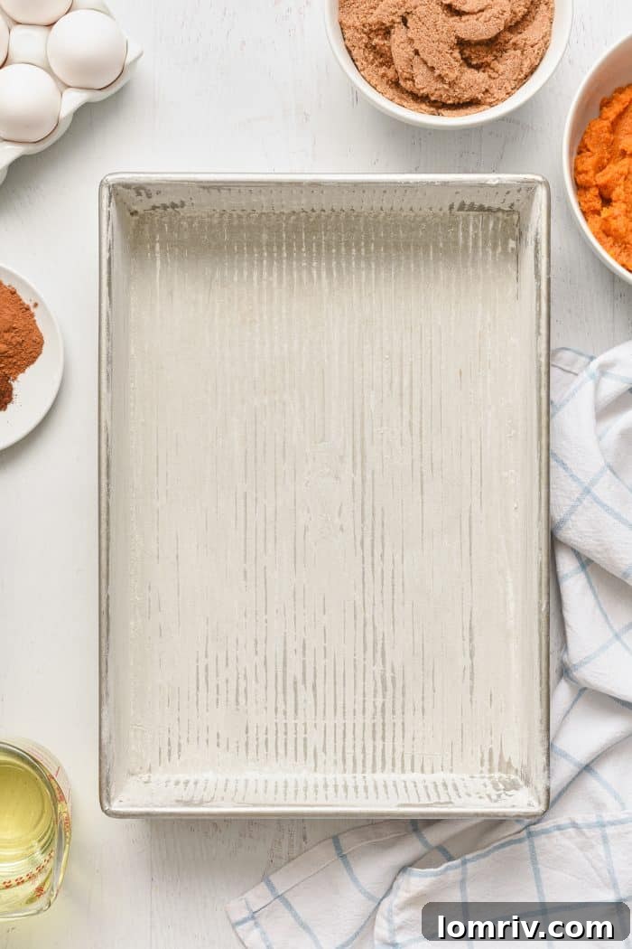 A large cake pan that has been greased and floured.