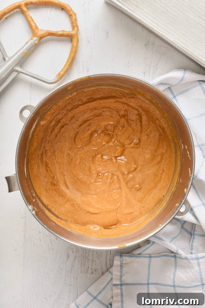 The cake batter fully mixed and ready for baking.