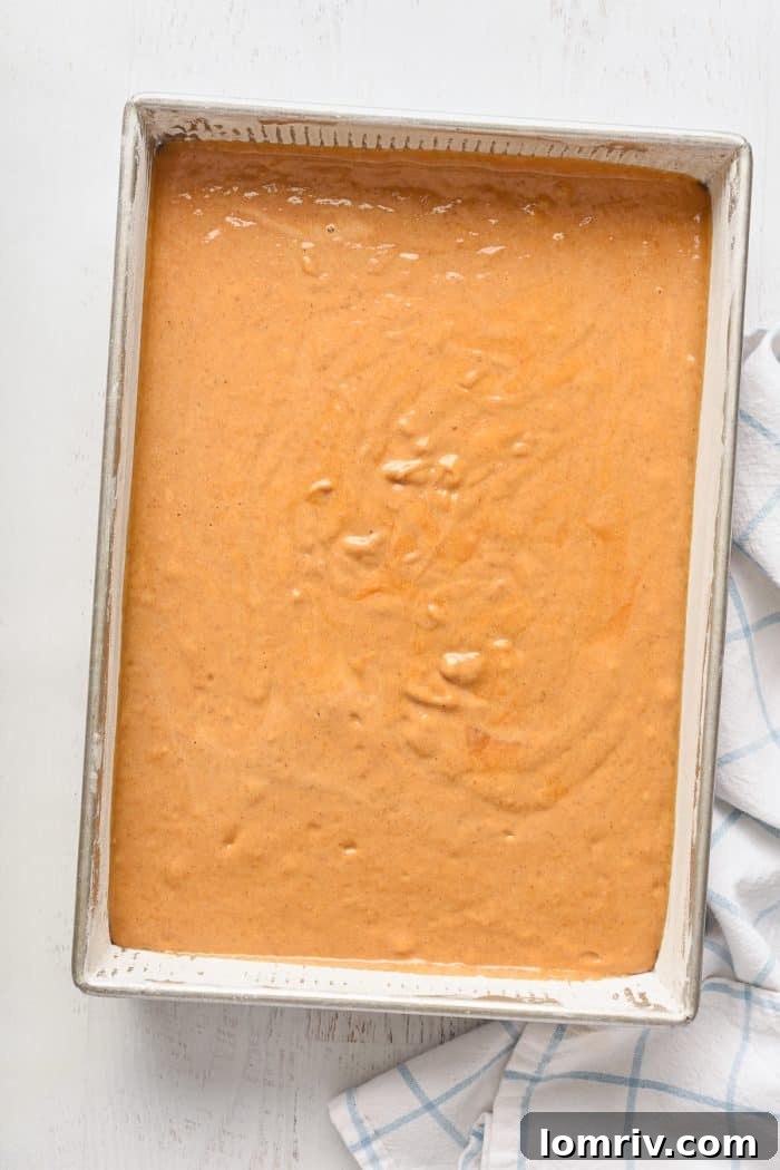 A cake pan filled with pumpkin cake batter, ready for the oven.