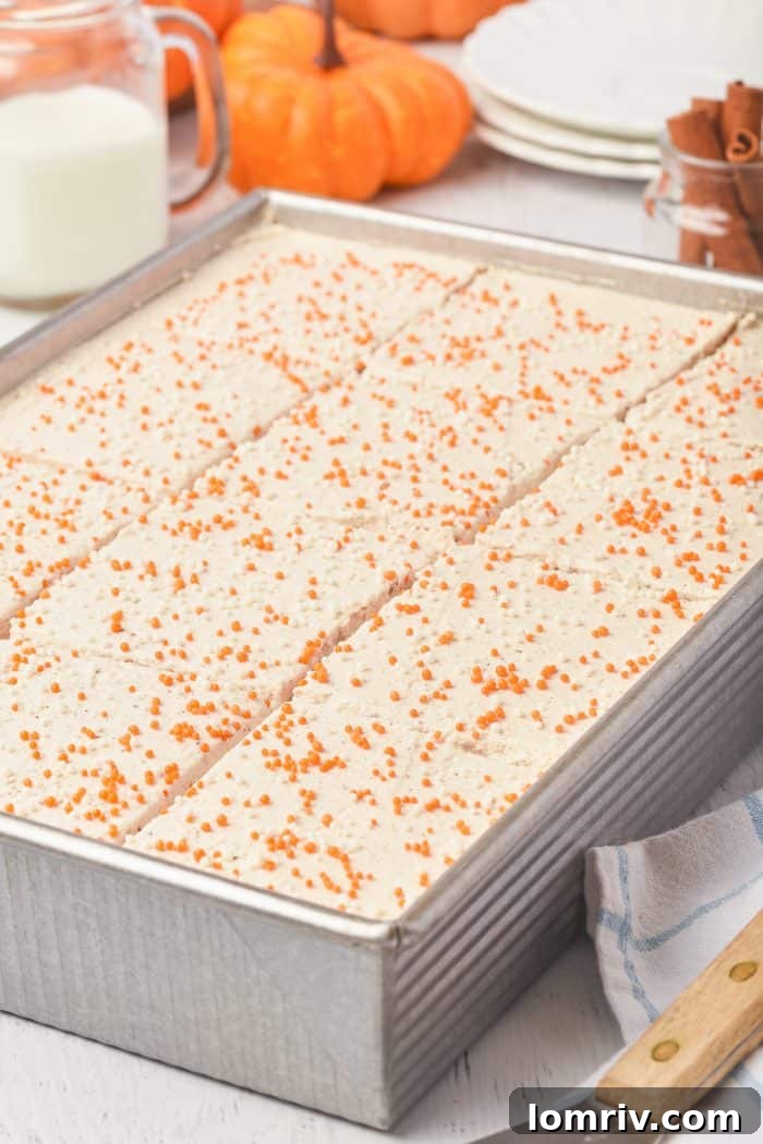A picture of the pumpkin cake bars sliced and ready to serve.