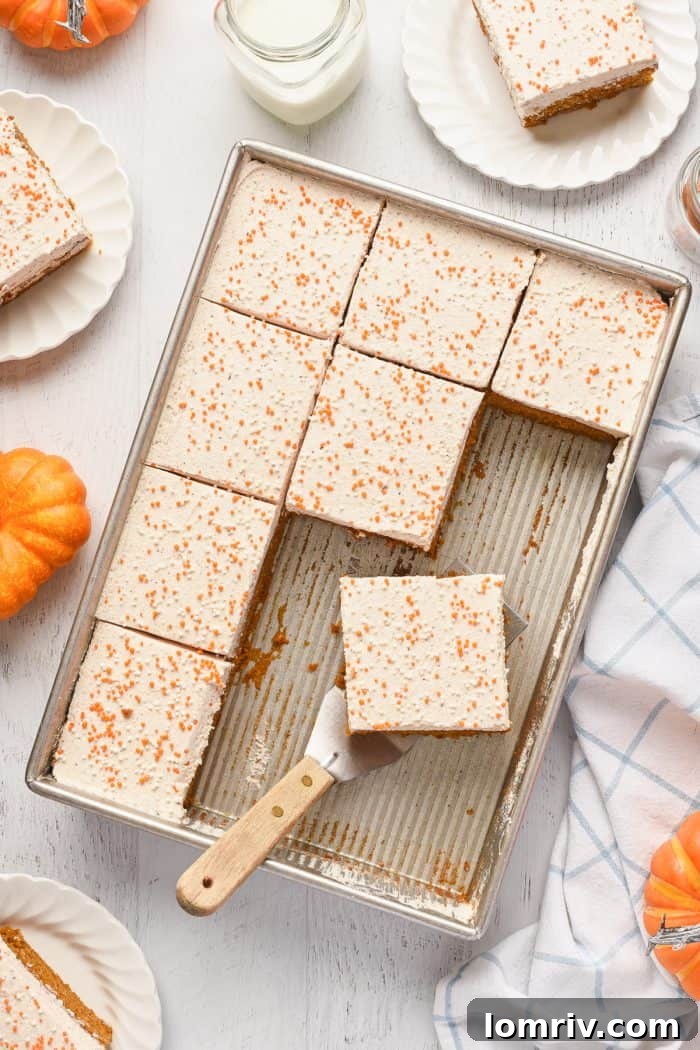 An overview of the pumpkin cake in the pan, with several slices already removed.