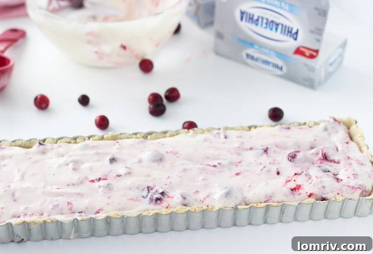 An overhead shot revealing the entire Cranberry Hazelnut Cream Cheese Tart, highlighting its golden-brown crust and the distinct, beautiful cranberry swirls on top.