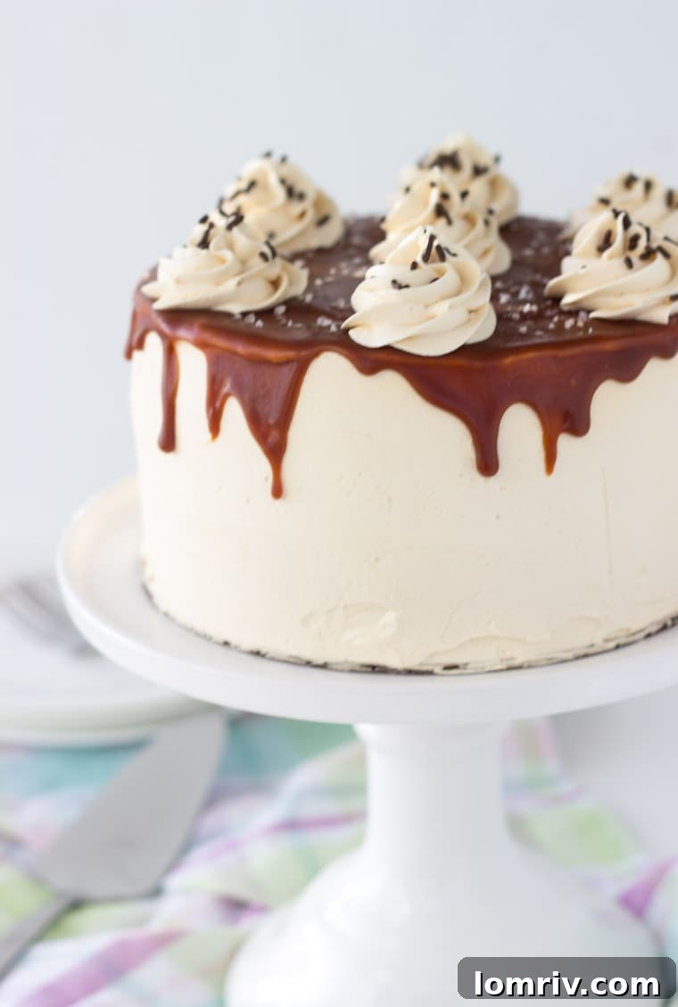 A decadent chocolate cake with salted caramel frosting
