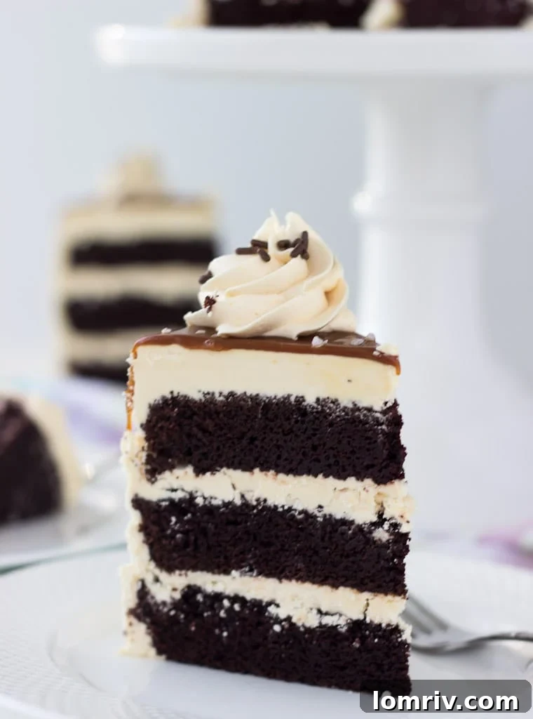 A decadent chocolate cake with salted caramel frosting