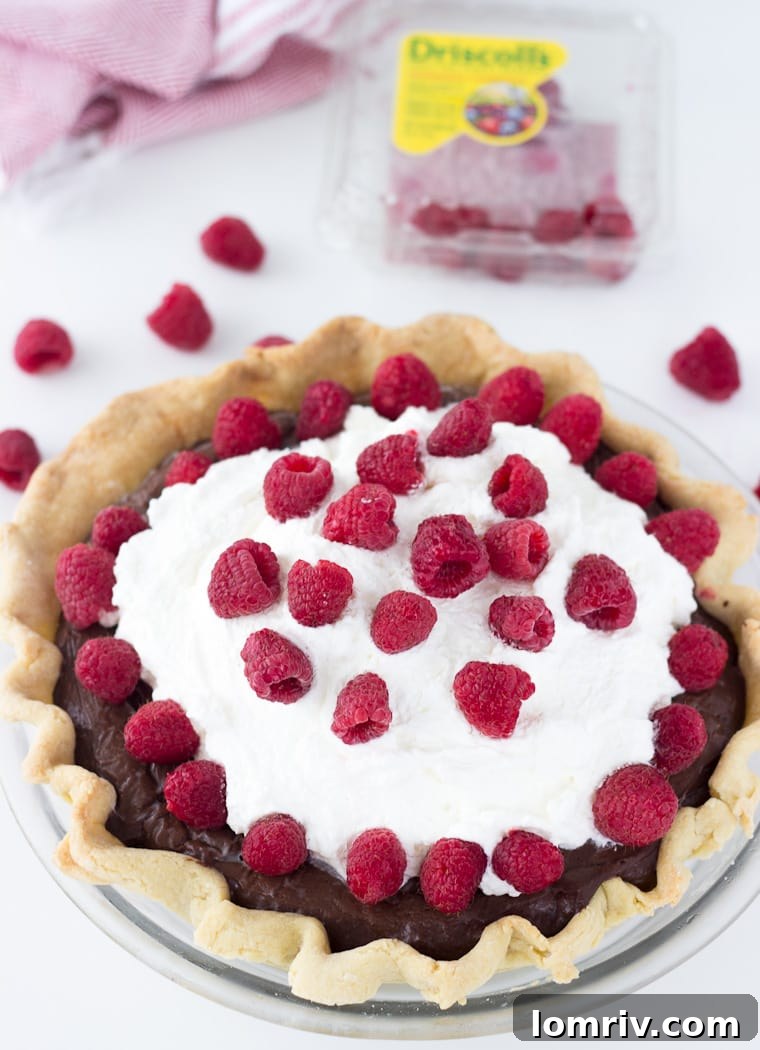A close-up view of a slice of Raspberry Mocha Pie, showcasing its rich mocha filling, raspberry layer, and flaky crust.