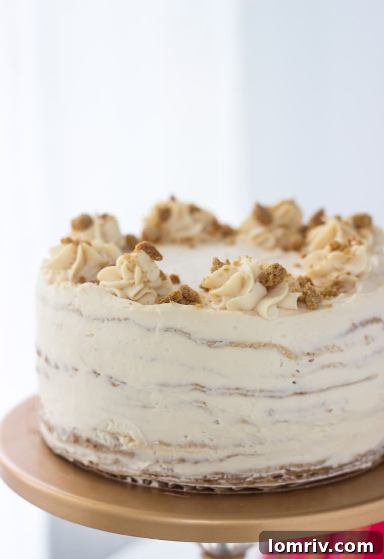 A stunning gingerbread crepe cake, adorned with crushed gingerbread cookies, ready to be the centerpiece of your winter dessert spread.