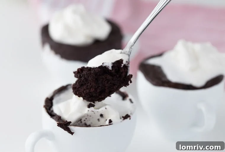 Close-up of a moist Chocolate Coconut Mug Cake topped with cream