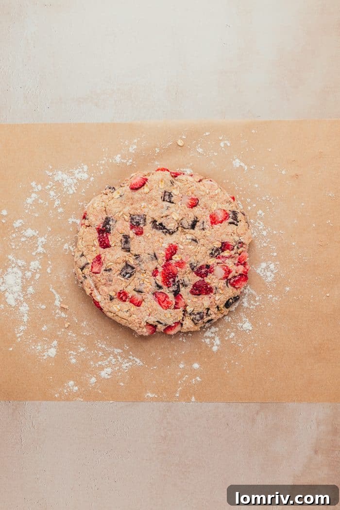 The scone dough on parchment paper shaped into a circle.