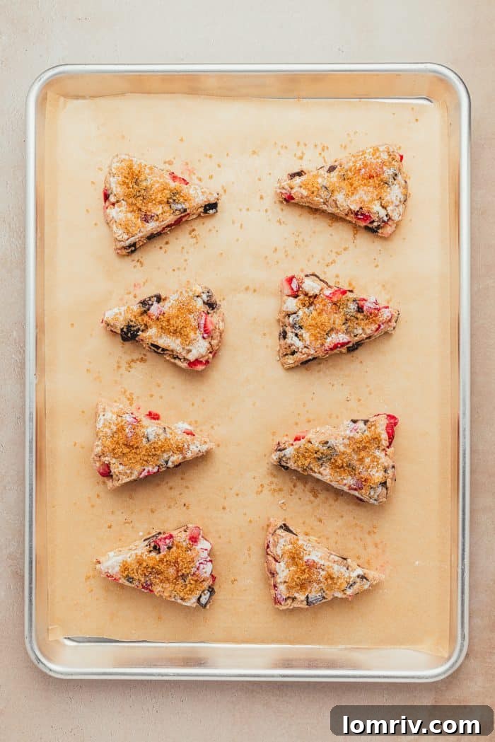 The unbaked scones on parchment paper on a baking sheet.