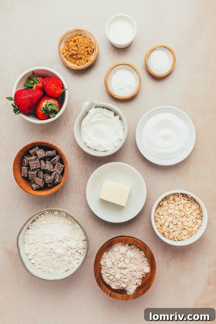 The ingredients for chocolate strawberry scones in bowls.