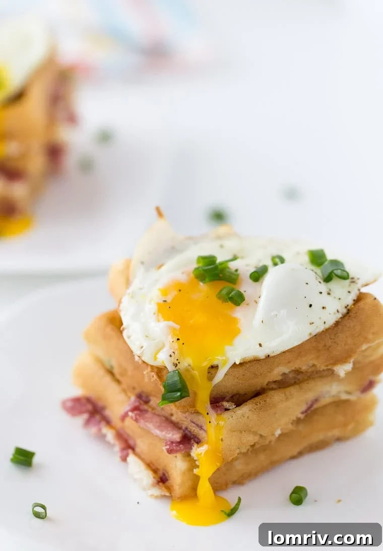 These cheddar and bacon waffles are perfect recipe for breakfast nights and brunch. With soft buttermilk waffles filled with cheddar cheese, bacon and topped with an egg. 