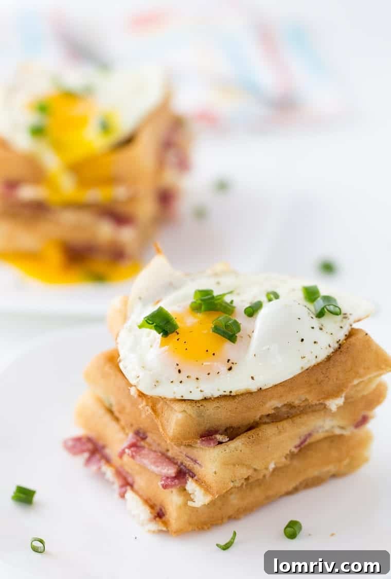 These cheddar and bacon waffles are perfect recipe for breakfast nights and brunch. With soft buttermilk waffles filled with cheddar cheese, bacon and topped with an egg. 