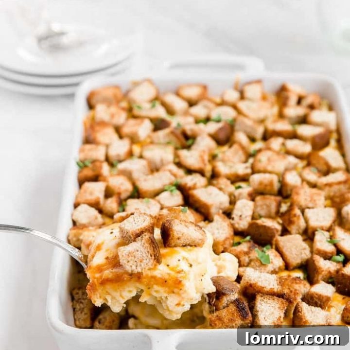 Spicy Macaroni and Cheese with a spoon digging into the creamy, cheesy pasta with crispy croutons.