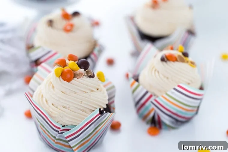 A delightful display of three freshly baked chocolate peanut butter cupcakes on a rustic wooden surface.