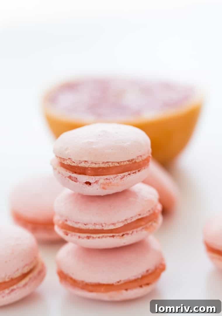 Delicate grapefruit macarons with a luscious, homemade grapefruit curd filling, showcasing the versatility of this citrus delight.
