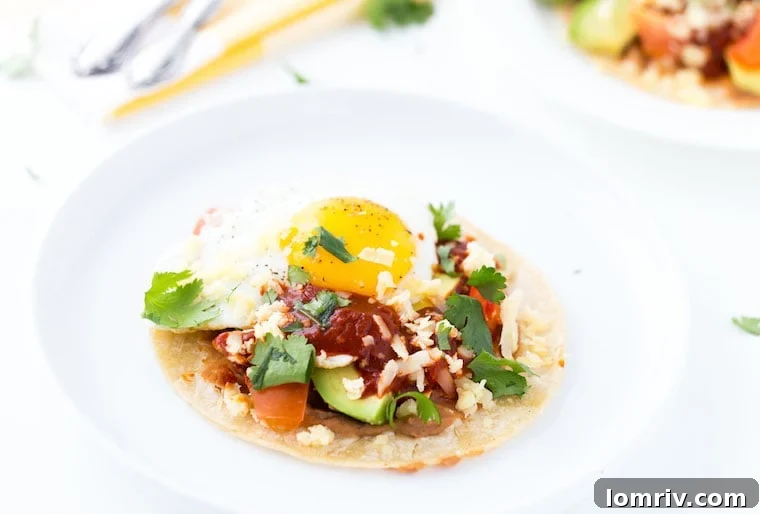 An authentic huevos rancheros recipe with homemade red chile paste, fried eggs and refried beans. 