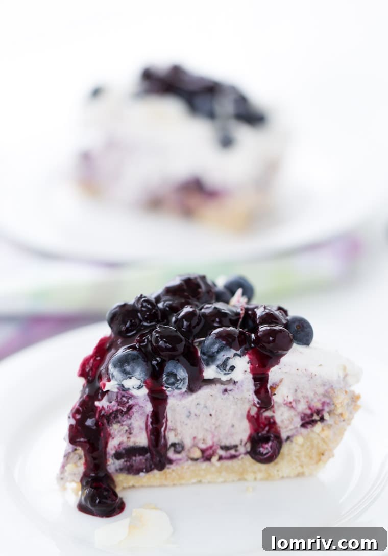 Close-up of a slice of Blueberry Coconut Ice Cream Pie, showing the layers of almond crust, coconut ice cream, and blueberry sauce, ready to be served on a summer day.