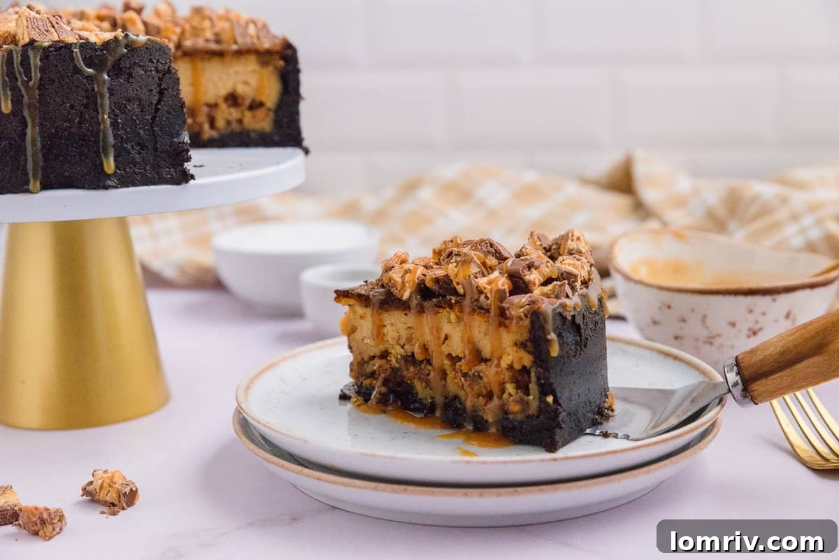 Overhead shot of Snickers Peanut Butter Cheesecake, garnished and ready