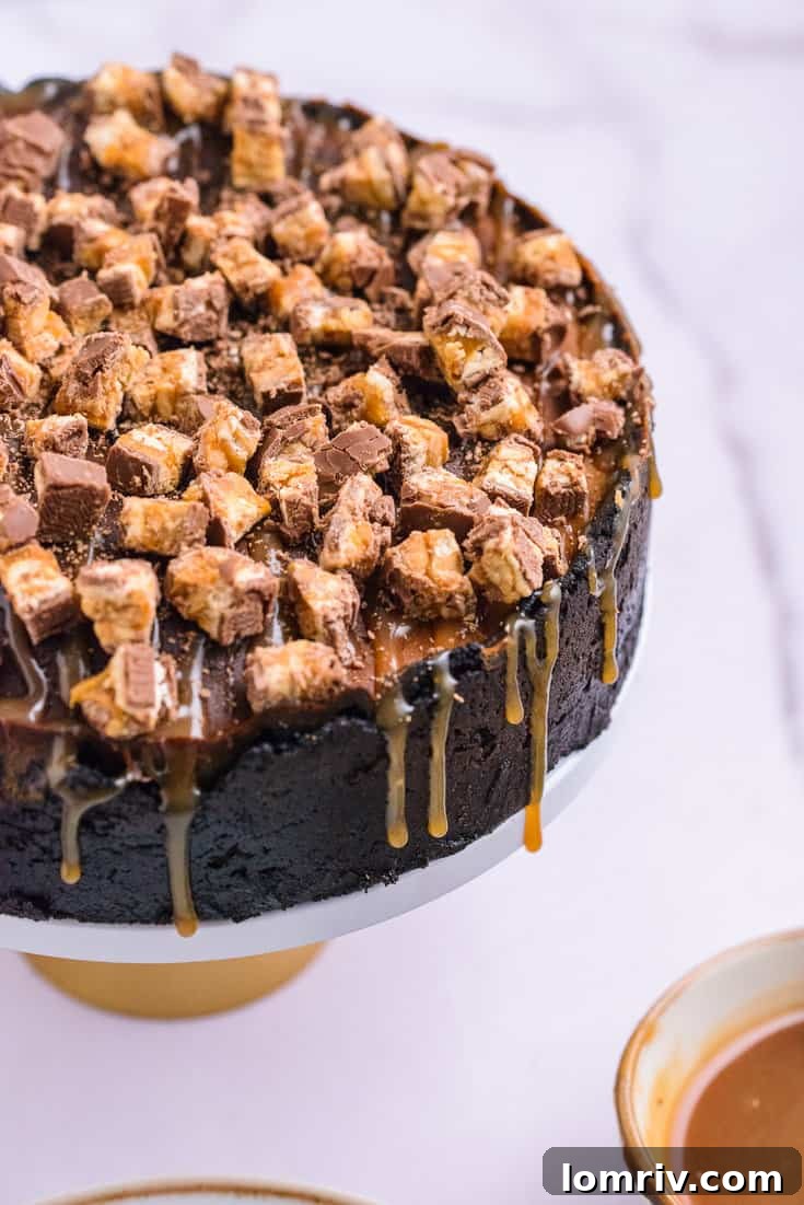 Snickers Peanut Butter Cheesecake with gooey caramel and candy chunks