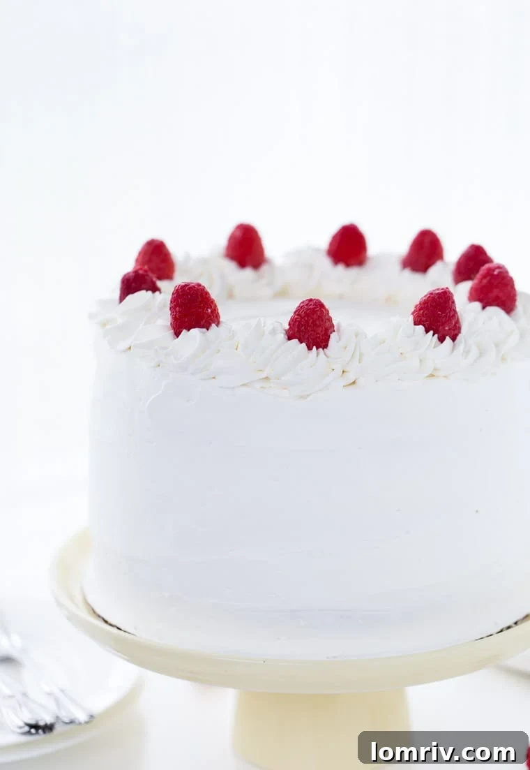 Delicious Coconut Raspberry Cake with Light Whipped Cream Frosting