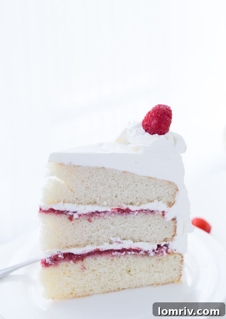 Layers of Coconut Raspberry Cake with Whipped Cream and Fresh Berries