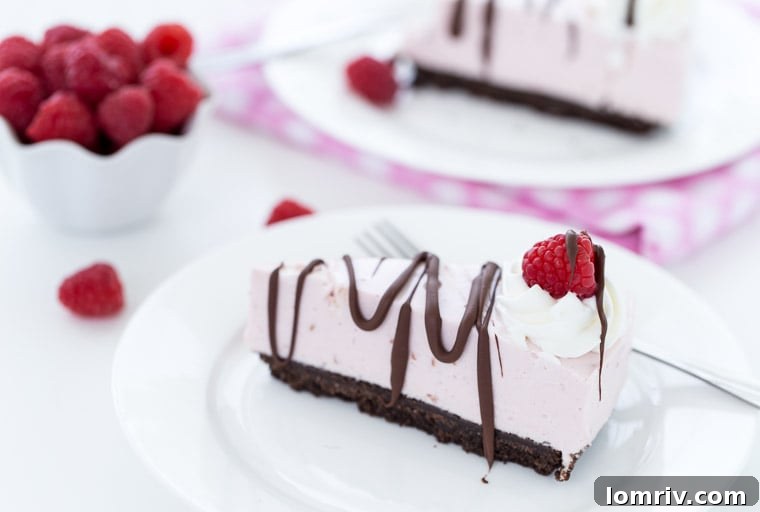An easy no-bake Raspberry Greek Yogurt Cheesecake with chocolate crust and fresh raspberry. 