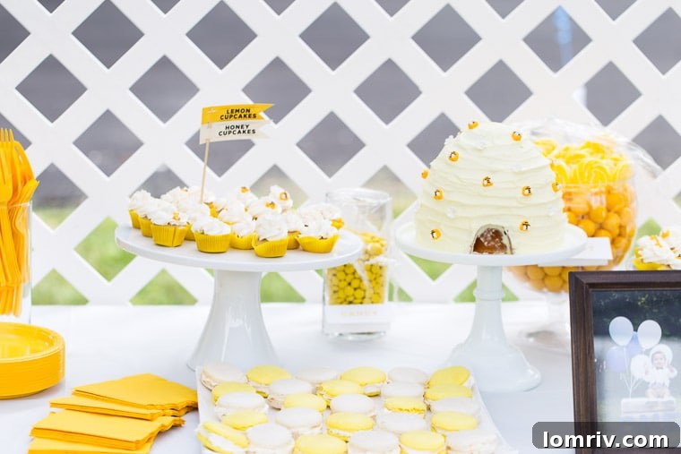 Close-up of the delightful Lemon Honey Beehive Cake, showcasing its intricate details and cheerful yellow color