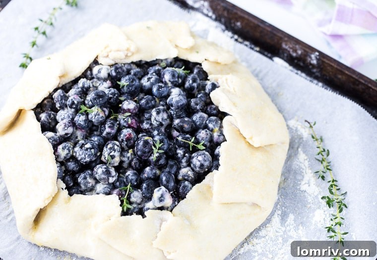 Close-up of a rustic Blueberry Thyme Galette with golden crust