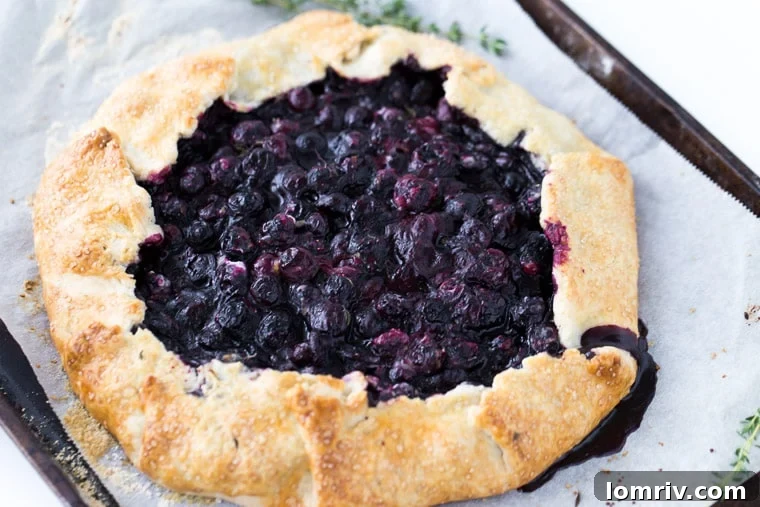 Side view of Blueberry Thyme Galette, showing the flaky crust and juicy filling