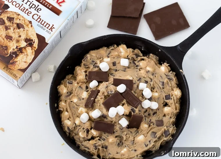 Close-up of Skillet S'mores Cookie, showing melted marshmallows and chocolate chunks.