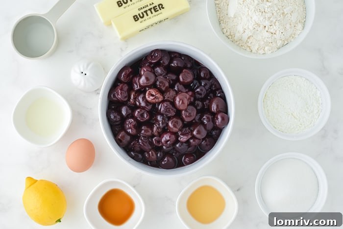 Ingredients for cherry pie filling being mixed in a bowl