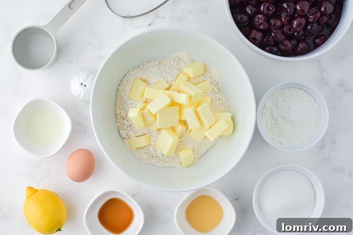 Diced cold butter being cut into flour for pie crust with a pastry cutter