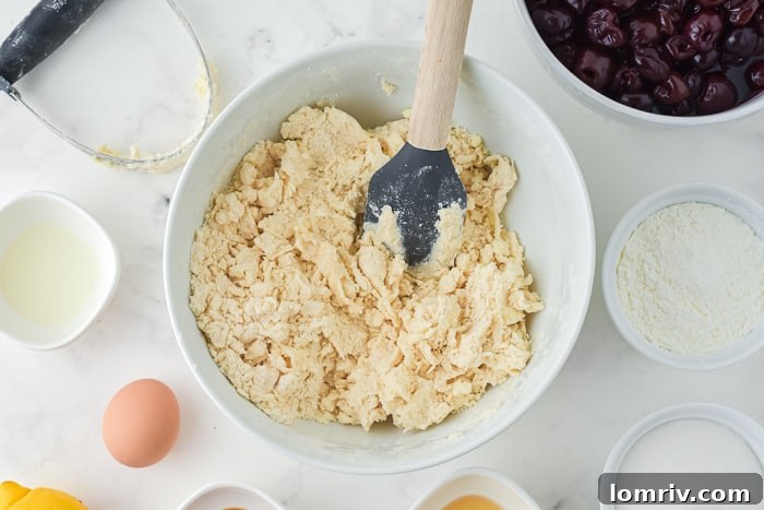 Hands gently bringing pie crust dough together into a ball