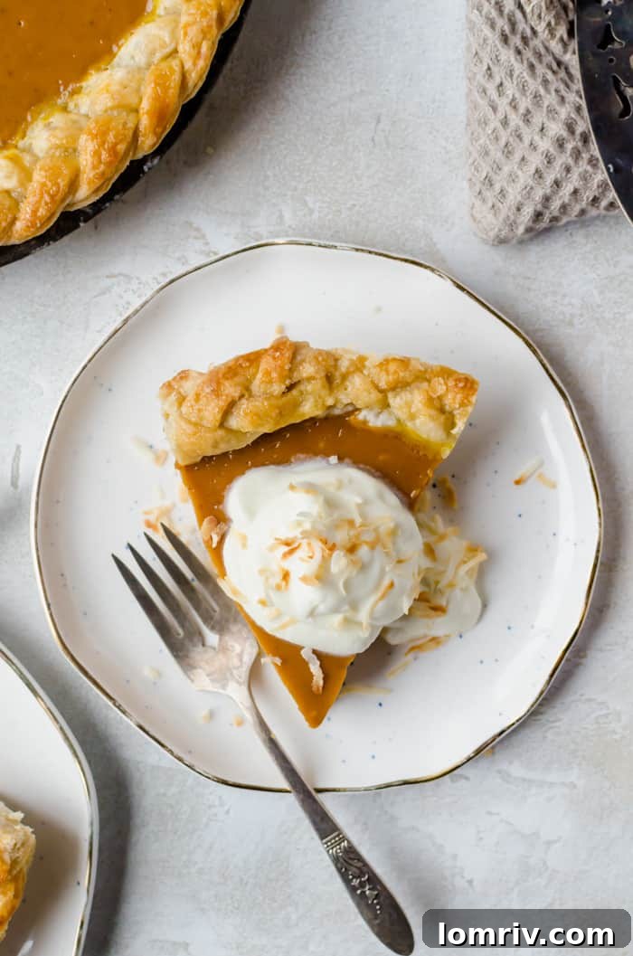 Close-up of a perfectly baked Pumpkin Coconut Pie with a golden crust.