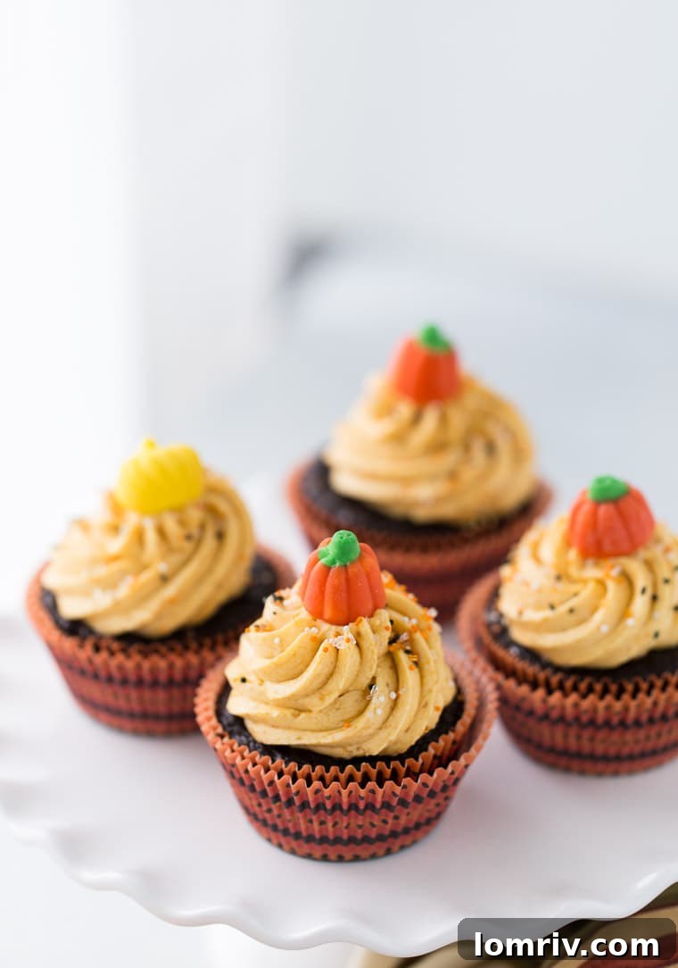 Close-up of a beautifully frosted chocolate pumpkin cupcake, ready to be enjoyed.