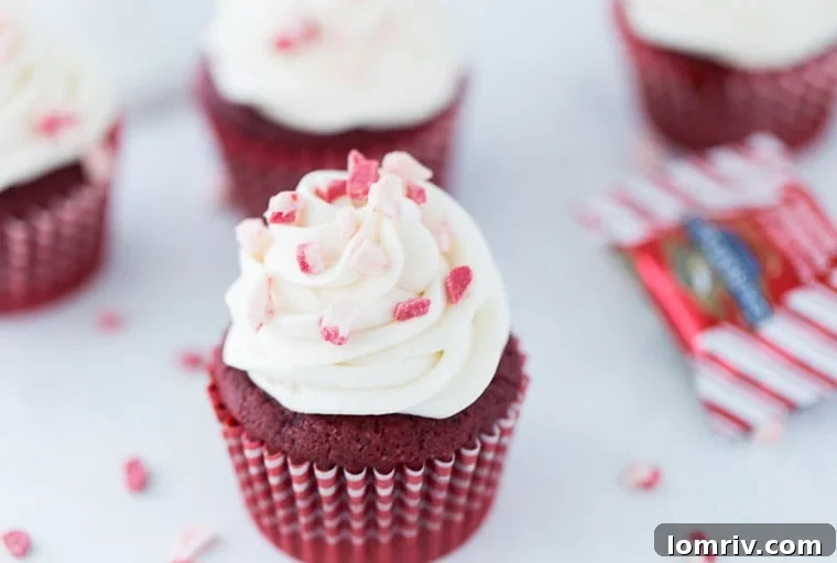 Close-up of a festive Peppermint Red Velvet Cupcake, beautifully frosted and garnished with peppermint bark.