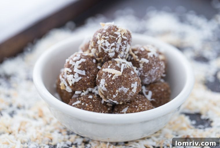 The simple ingredients for no-bake, vegan, gluten-free coconut date balls come together for a healthy treat