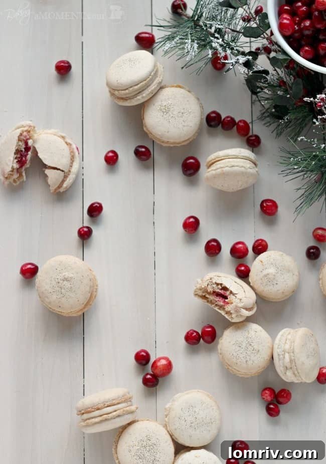 These orange walnut macarons are fun and seasonal and are filled with a subtly Spiced Cinnamon Cream Cheese Frosting and Fresh Cranberry Compote, perfect for holiday gatherings.