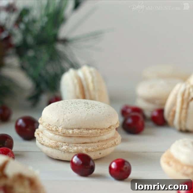 Close-up of orange walnut macarons, showcasing their delicate shells and festive appearance, ideal for a seasonal dessert table.